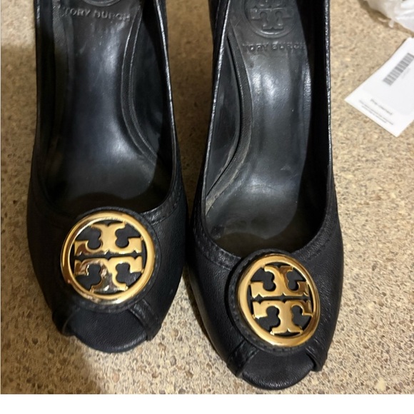 Tory Burch Black Heels with Gold Emblem - Picture 3 of 13